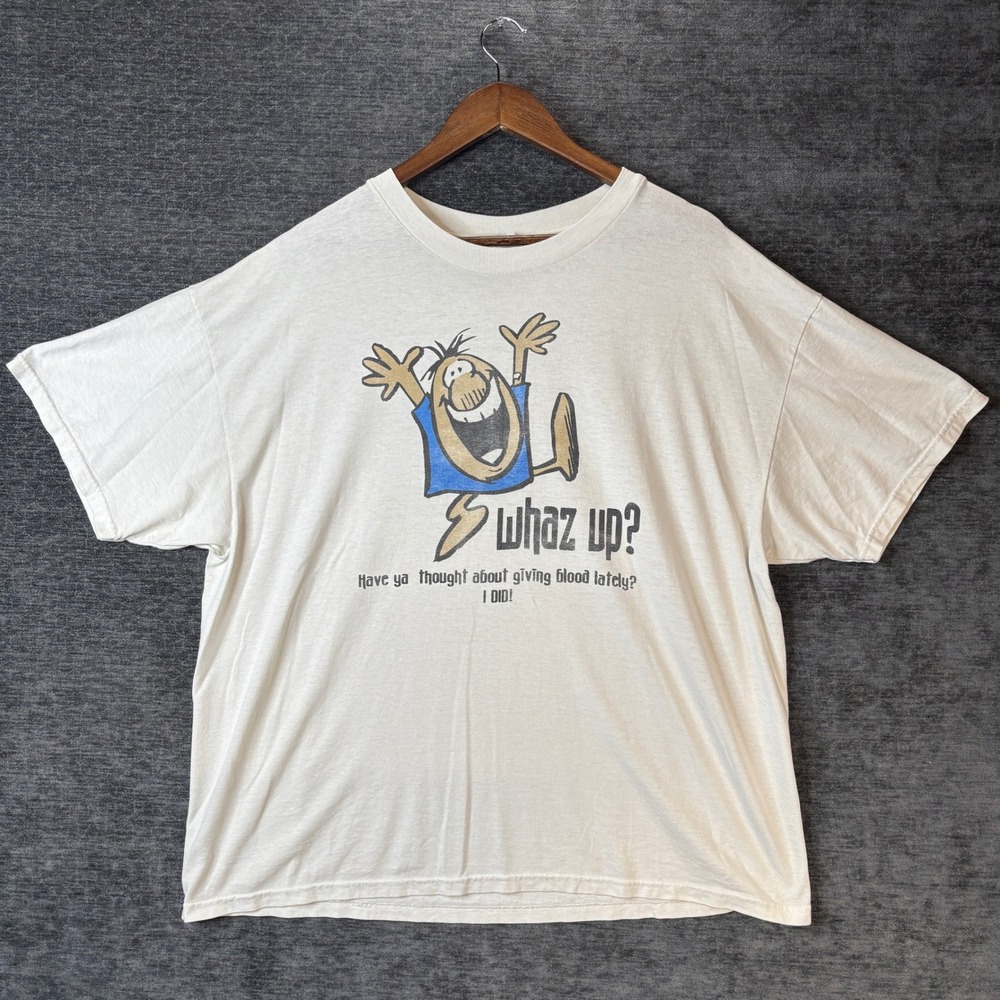Vintage Whaz Up Give Blood Give Life White Graphic T-Shirt XL Y2K Funny Humor